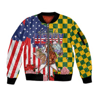 Kentucky Horses Racing Sleeve Zip Bomber Jacket US Flag Grunge and Check Pattern Green Color