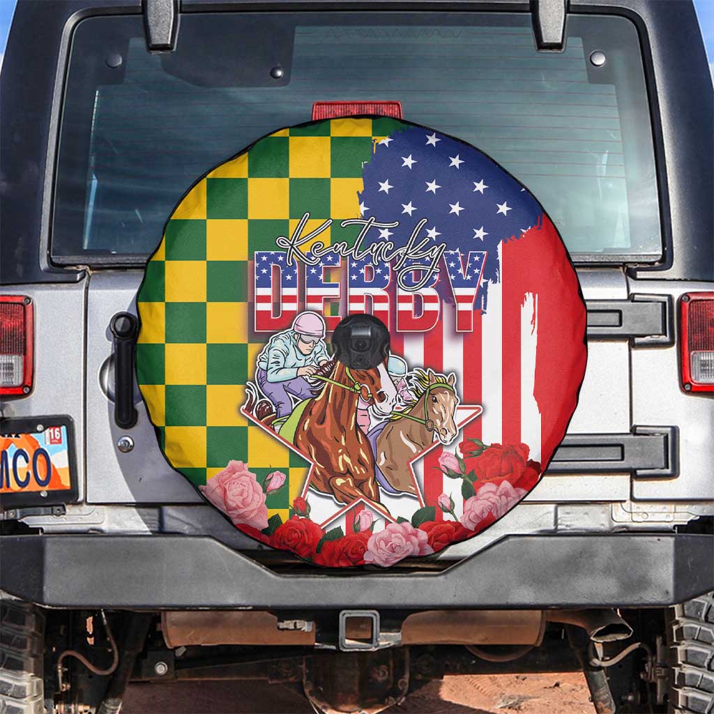 Kentucky Horses Racing Spare Tire Cover US Flag Grunge and Check Pattern Green Color