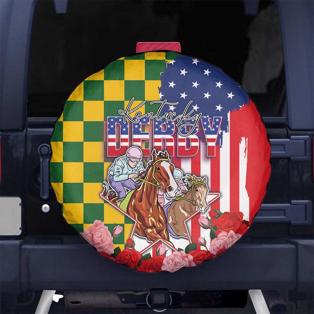 Kentucky Horses Racing Spare Tire Cover US Flag Grunge and Check Pattern Green Color