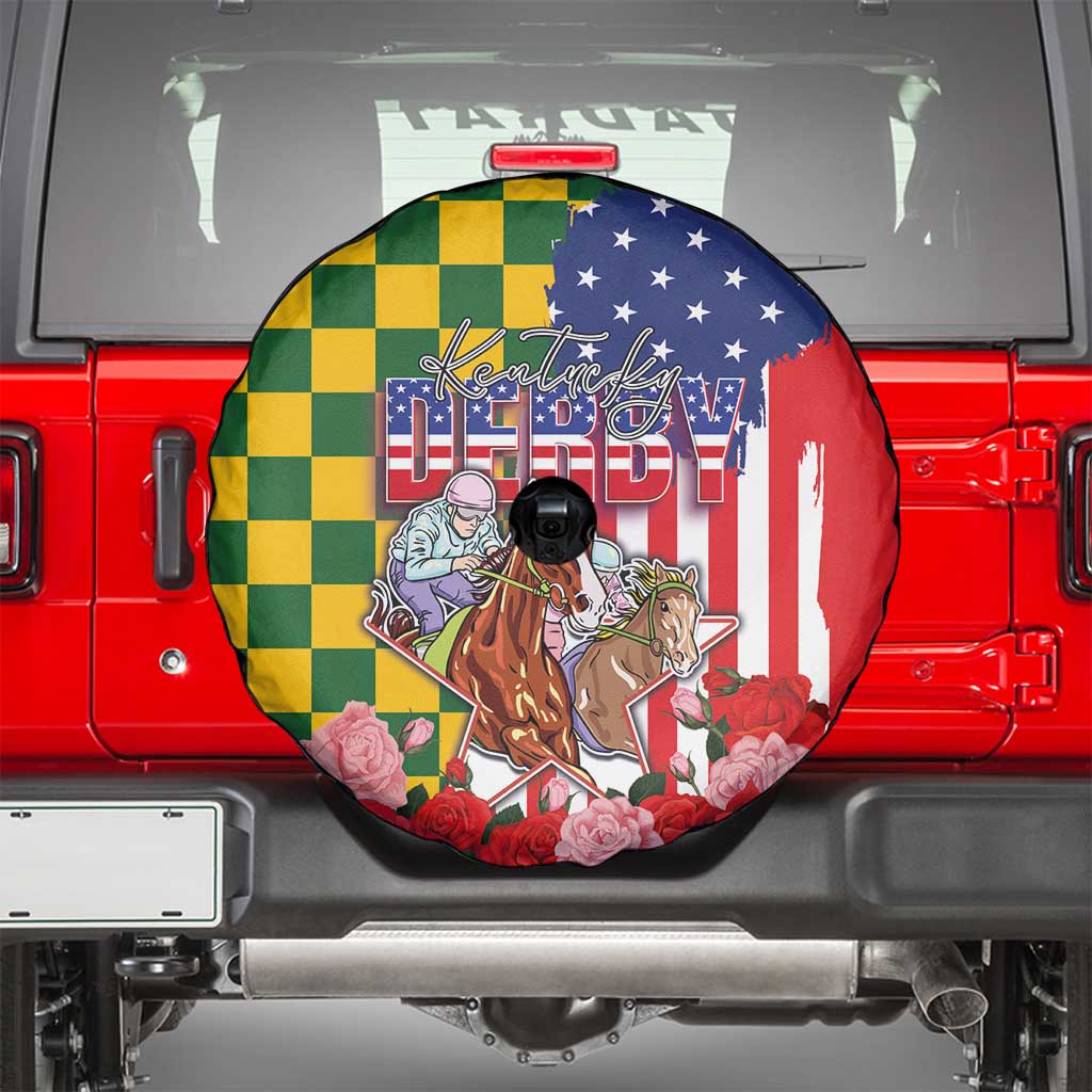 Kentucky Horses Racing Spare Tire Cover US Flag Grunge and Check Pattern Green Color