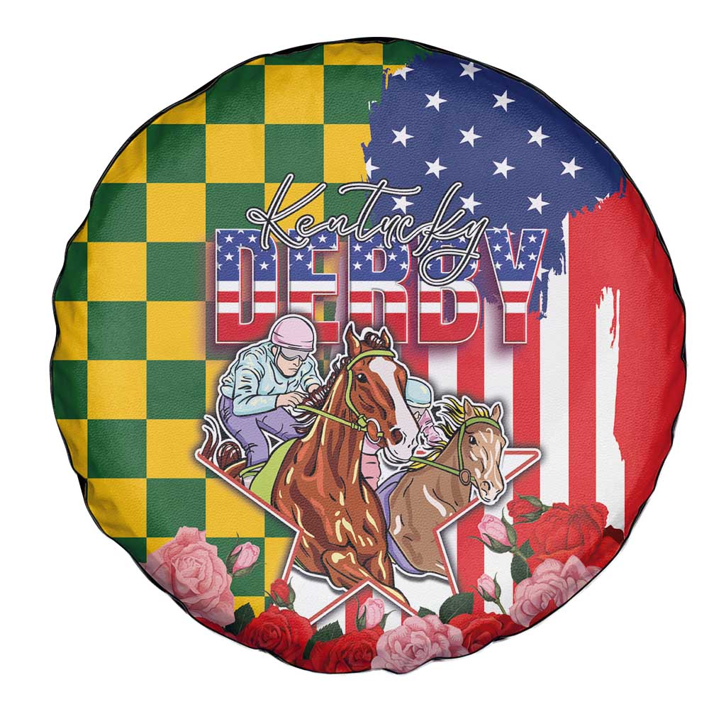 Kentucky Horses Racing Spare Tire Cover US Flag Grunge and Check Pattern Green Color