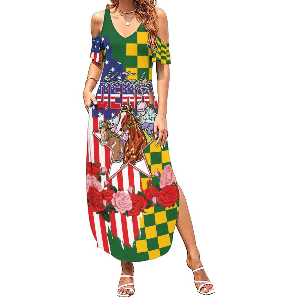 Kentucky Horses Racing Summer Maxi Dress US Flag Grunge and Check Pattern Green Color