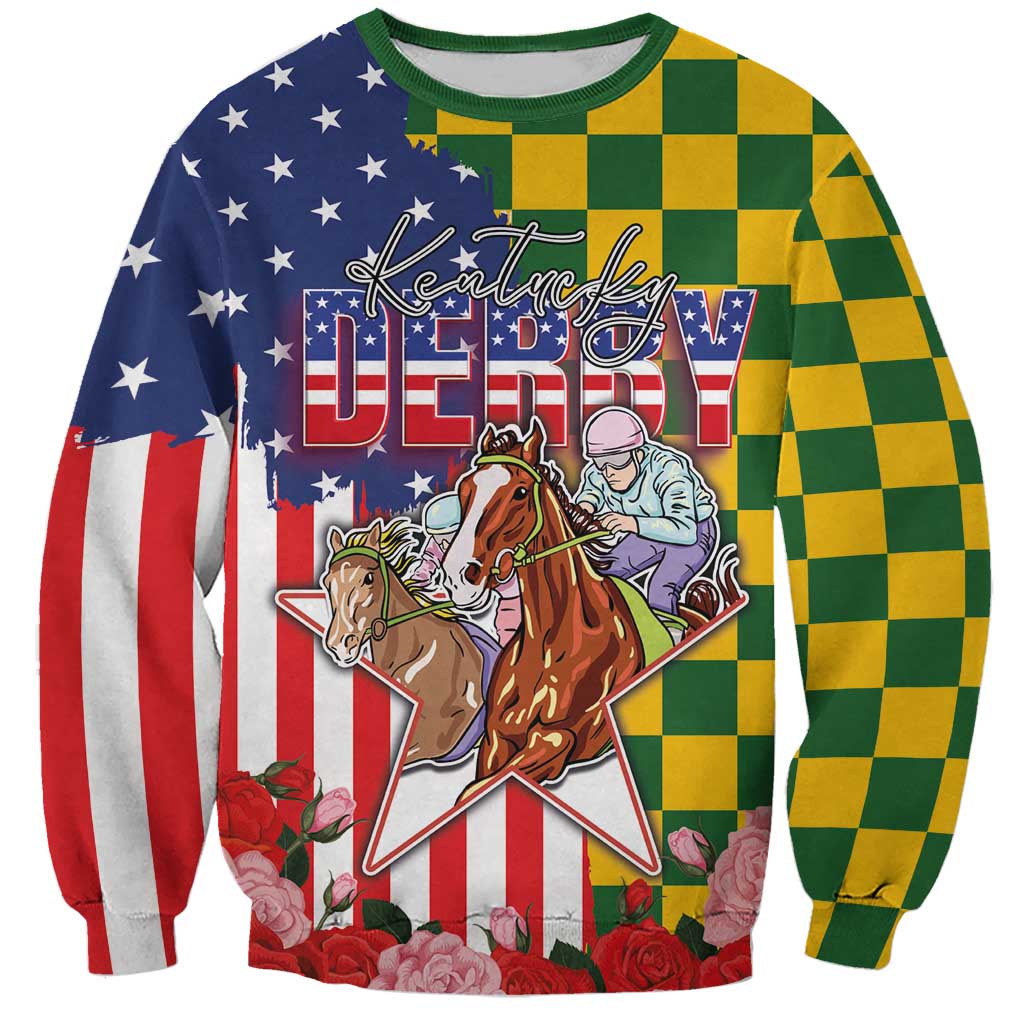 Kentucky Horses Racing Sweatshirt US Flag Grunge and Check Pattern Green Color