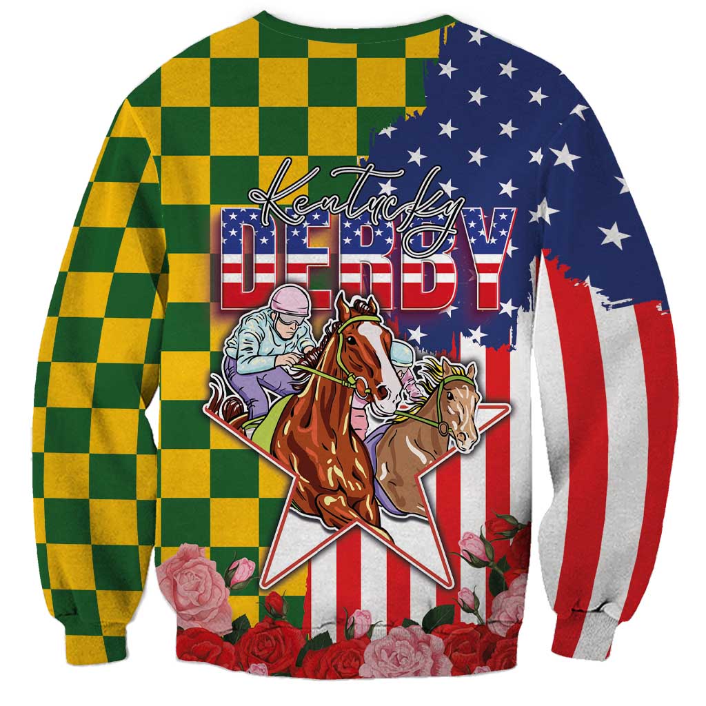 Kentucky Horses Racing Sweatshirt US Flag Grunge and Check Pattern Green Color