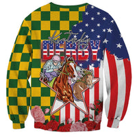 Kentucky Horses Racing Sweatshirt US Flag Grunge and Check Pattern Green Color
