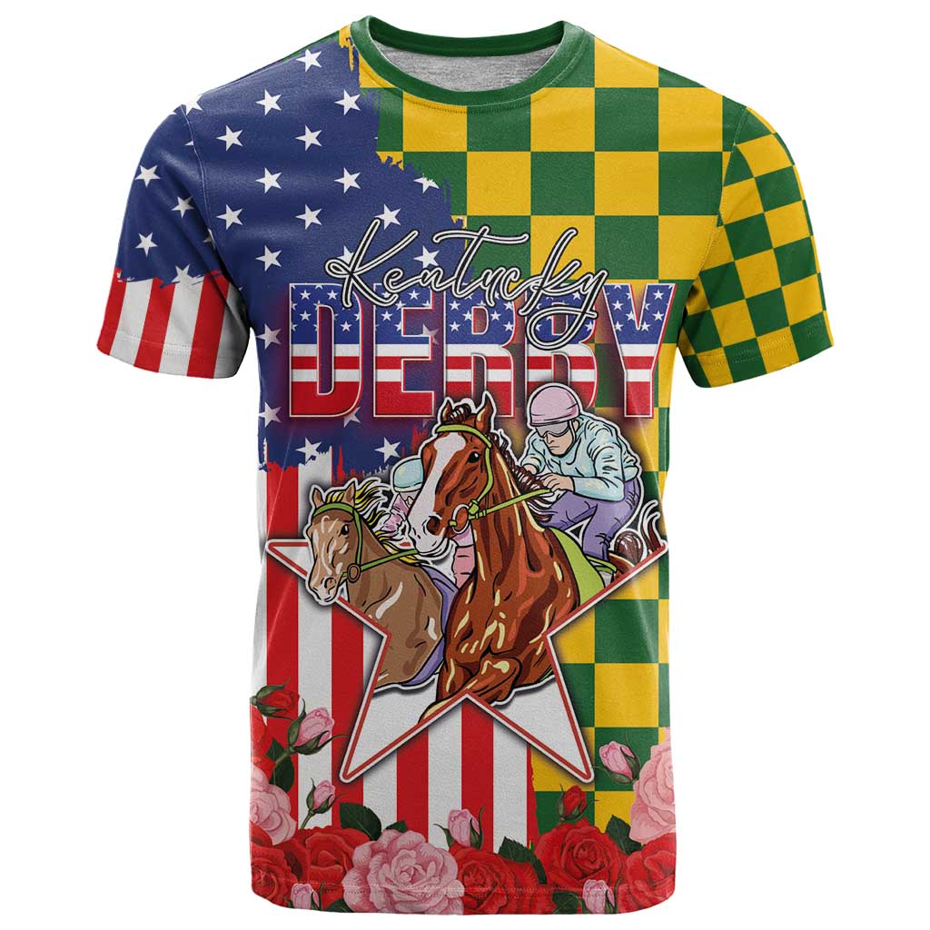 Kentucky Horses Racing T Shirt US Flag Grunge and Check Pattern Green Color