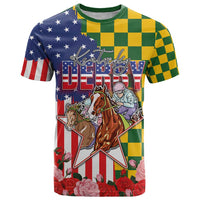 Kentucky Horses Racing T Shirt US Flag Grunge and Check Pattern Green Color