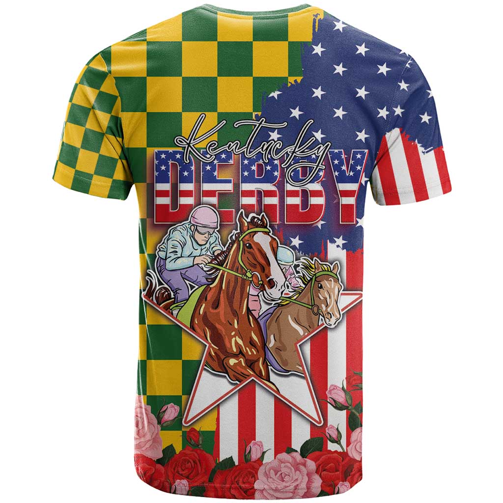 Kentucky Horses Racing T Shirt US Flag Grunge and Check Pattern Green Color