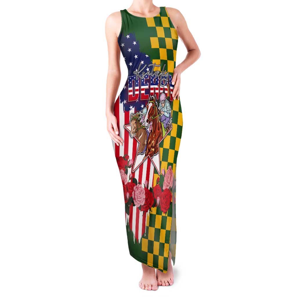 Kentucky Horses Racing Tank Maxi Dress US Flag Grunge and Check Pattern Green Color