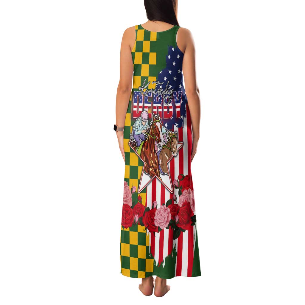 Kentucky Horses Racing Tank Maxi Dress US Flag Grunge and Check Pattern Green Color