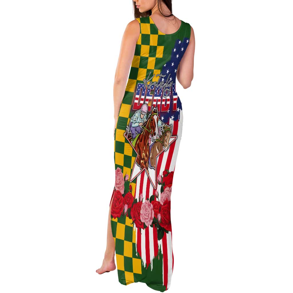 Kentucky Horses Racing Tank Maxi Dress US Flag Grunge and Check Pattern Green Color