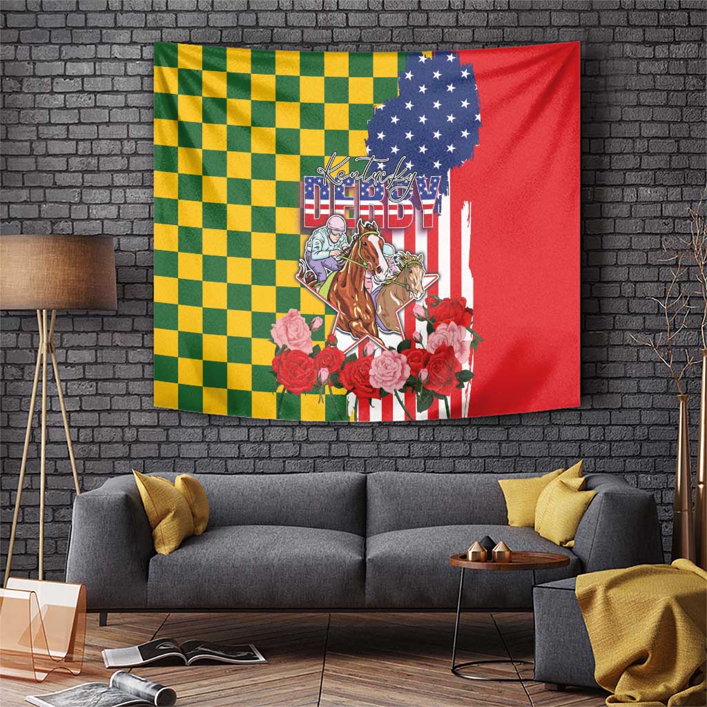 Kentucky Horses Racing Tapestry US Flag Grunge and Check Pattern Green Color
