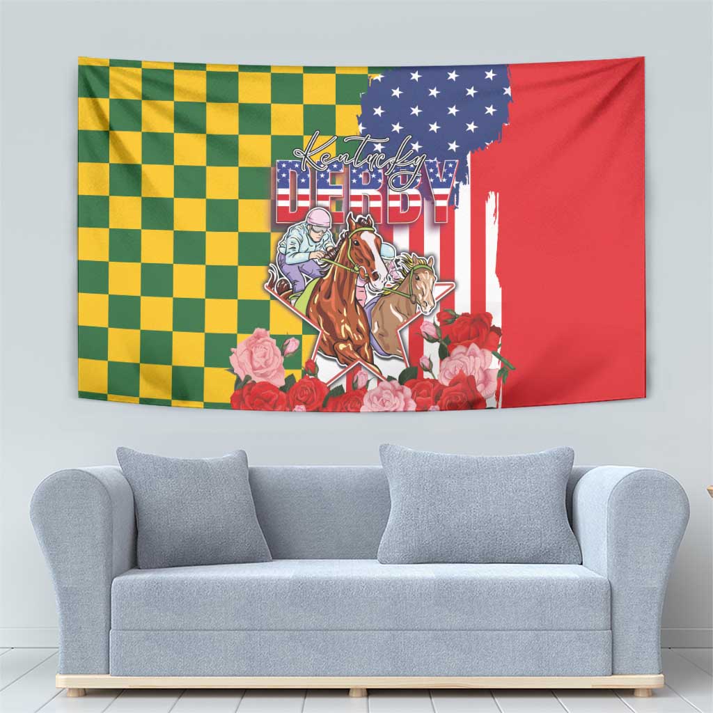 Kentucky Horses Racing Tapestry US Flag Grunge and Check Pattern Green Color