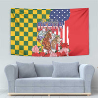 Kentucky Horses Racing Tapestry US Flag Grunge and Check Pattern Green Color