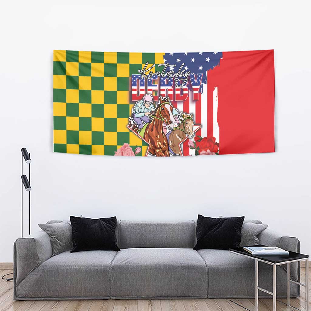 Kentucky Horses Racing Tapestry US Flag Grunge and Check Pattern Green Color