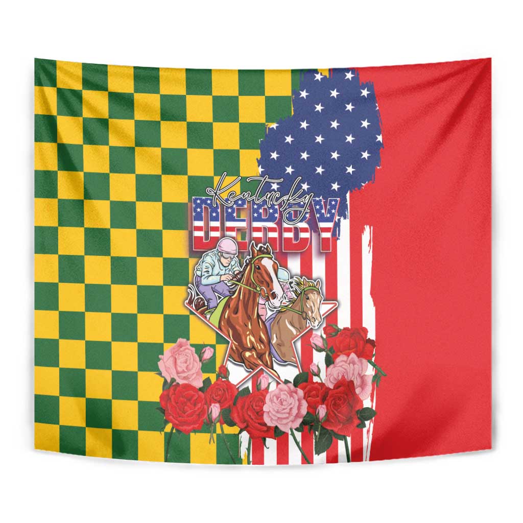 Kentucky Horses Racing Tapestry US Flag Grunge and Check Pattern Green Color
