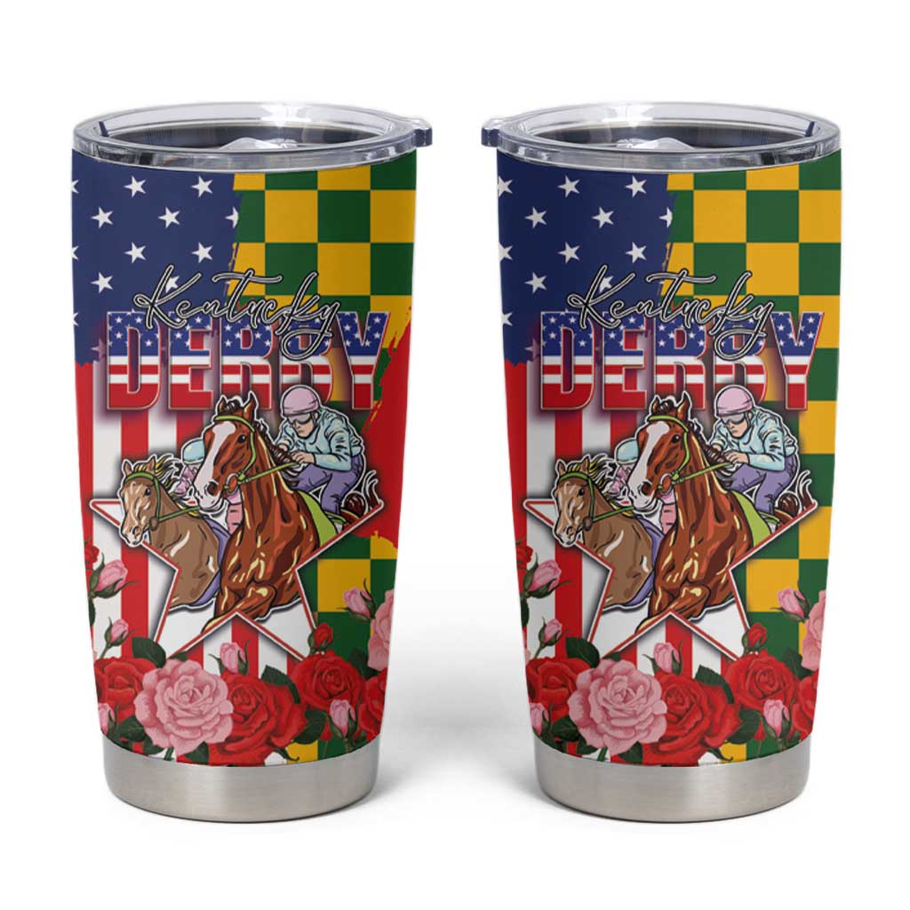 Kentucky Horses Racing Tumbler Cup US Flag Grunge and Check Pattern Green Color