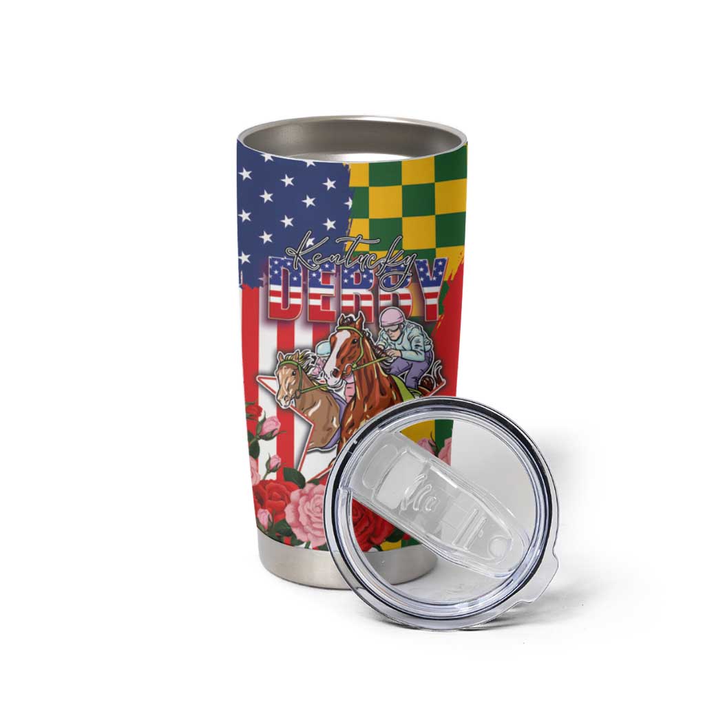 Kentucky Horses Racing Tumbler Cup US Flag Grunge and Check Pattern Green Color