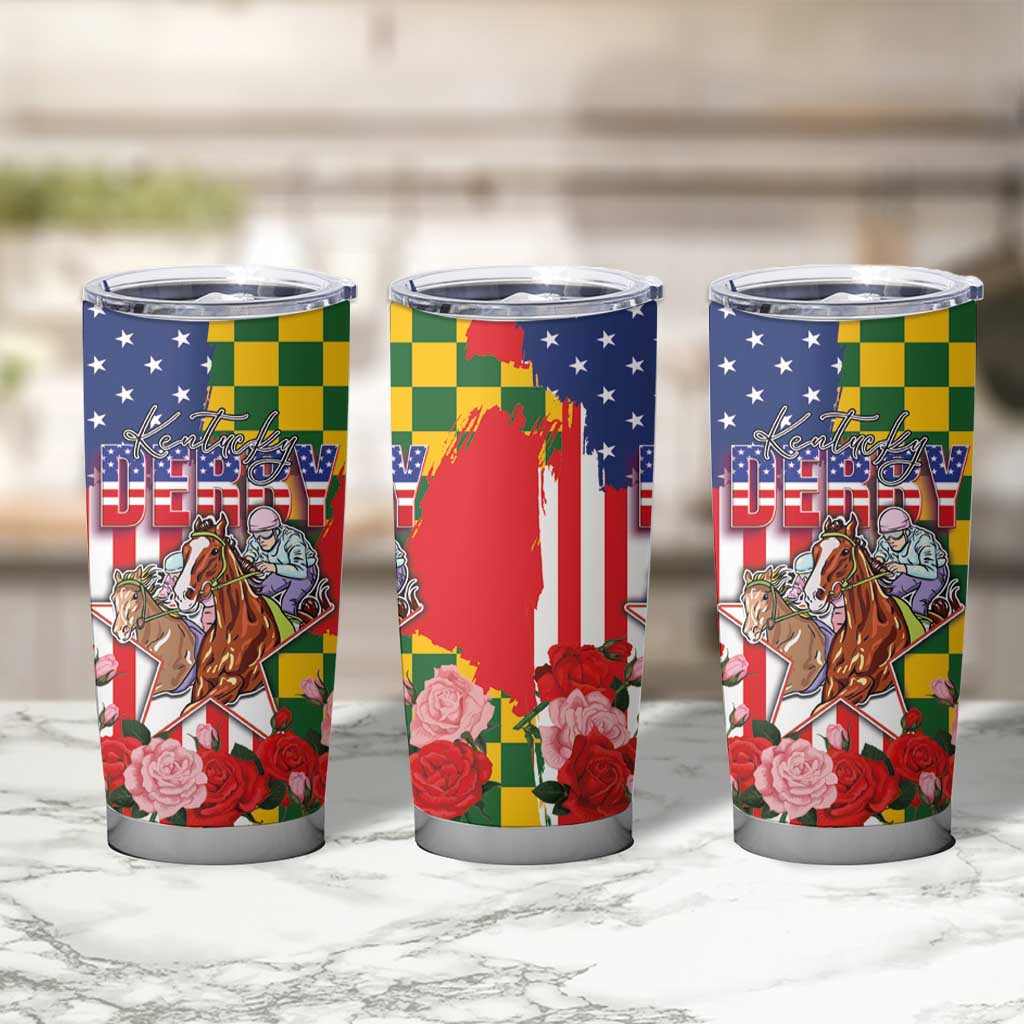 Kentucky Horses Racing Tumbler Cup US Flag Grunge and Check Pattern Green Color