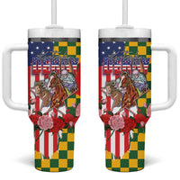 Kentucky Horses Racing Tumbler With Handle US Flag Grunge and Check Pattern Green Color