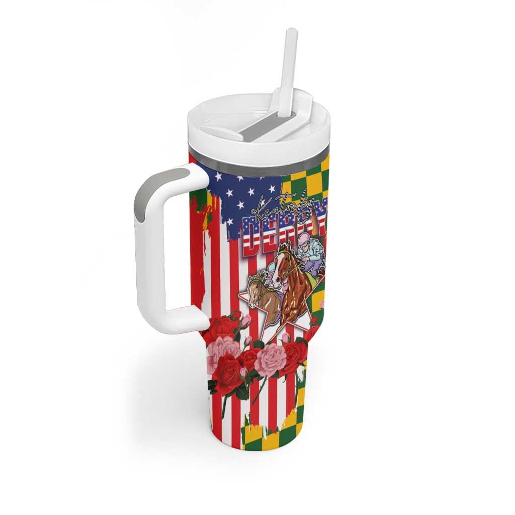 Kentucky Horses Racing Tumbler With Handle US Flag Grunge and Check Pattern Green Color