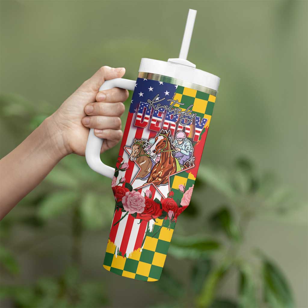Kentucky Horses Racing Tumbler With Handle US Flag Grunge and Check Pattern Green Color