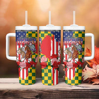 Kentucky Horses Racing Tumbler With Handle US Flag Grunge and Check Pattern Green Color