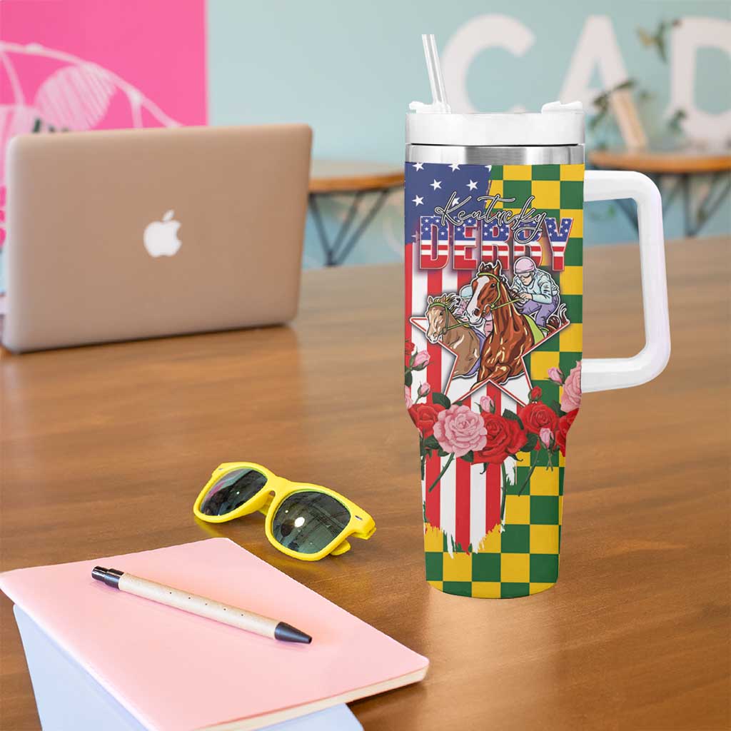 Kentucky Horses Racing Tumbler With Handle US Flag Grunge and Check Pattern Green Color