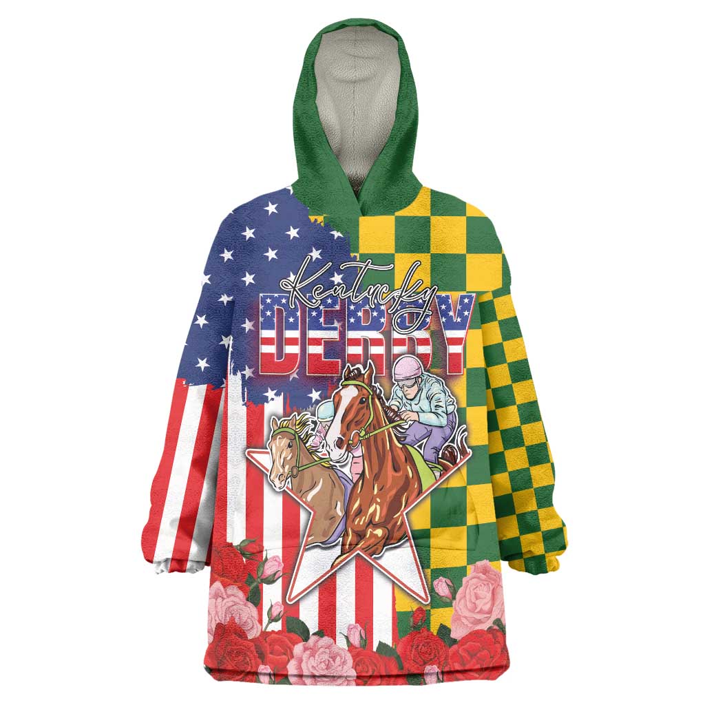 Kentucky Horses Racing Wearable Blanket Hoodie US Flag Grunge and Check Pattern Green Color