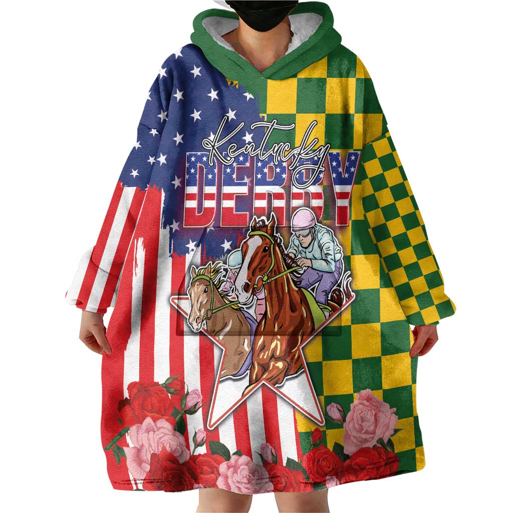 Kentucky Horses Racing Wearable Blanket Hoodie US Flag Grunge and Check Pattern Green Color