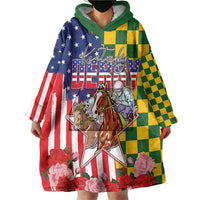 Kentucky Horses Racing Wearable Blanket Hoodie US Flag Grunge and Check Pattern Green Color