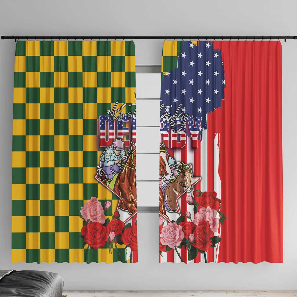 Kentucky Horses Racing Window Curtain US Flag Grunge and Check Pattern Green Color
