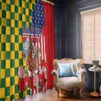 Kentucky Horses Racing Window Curtain US Flag Grunge and Check Pattern Green Color