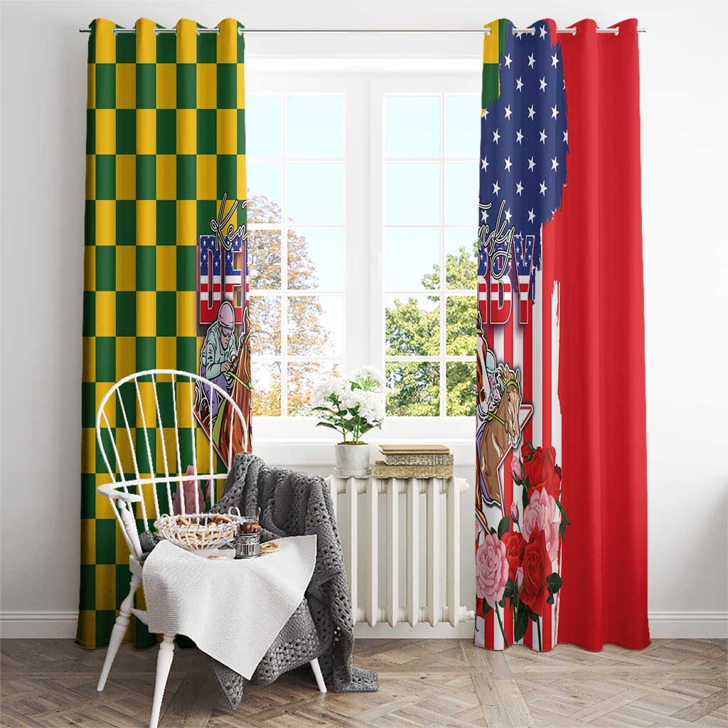 Kentucky Horses Racing Window Curtain US Flag Grunge and Check Pattern Green Color