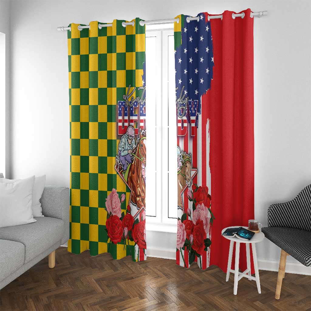 Kentucky Horses Racing Window Curtain US Flag Grunge and Check Pattern Green Color