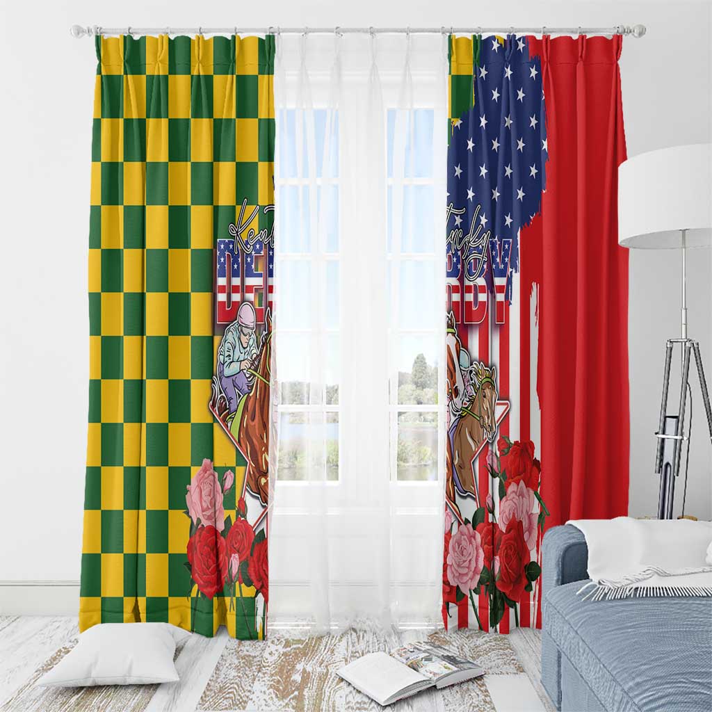 Kentucky Horses Racing Window Curtain US Flag Grunge and Check Pattern Green Color