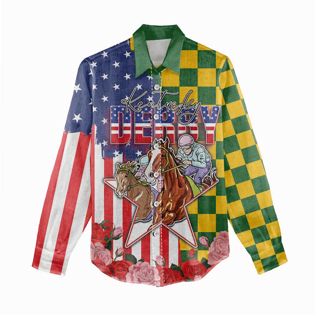Kentucky Horses Racing Women Casual Shirt US Flag Grunge and Check Pattern Green Color
