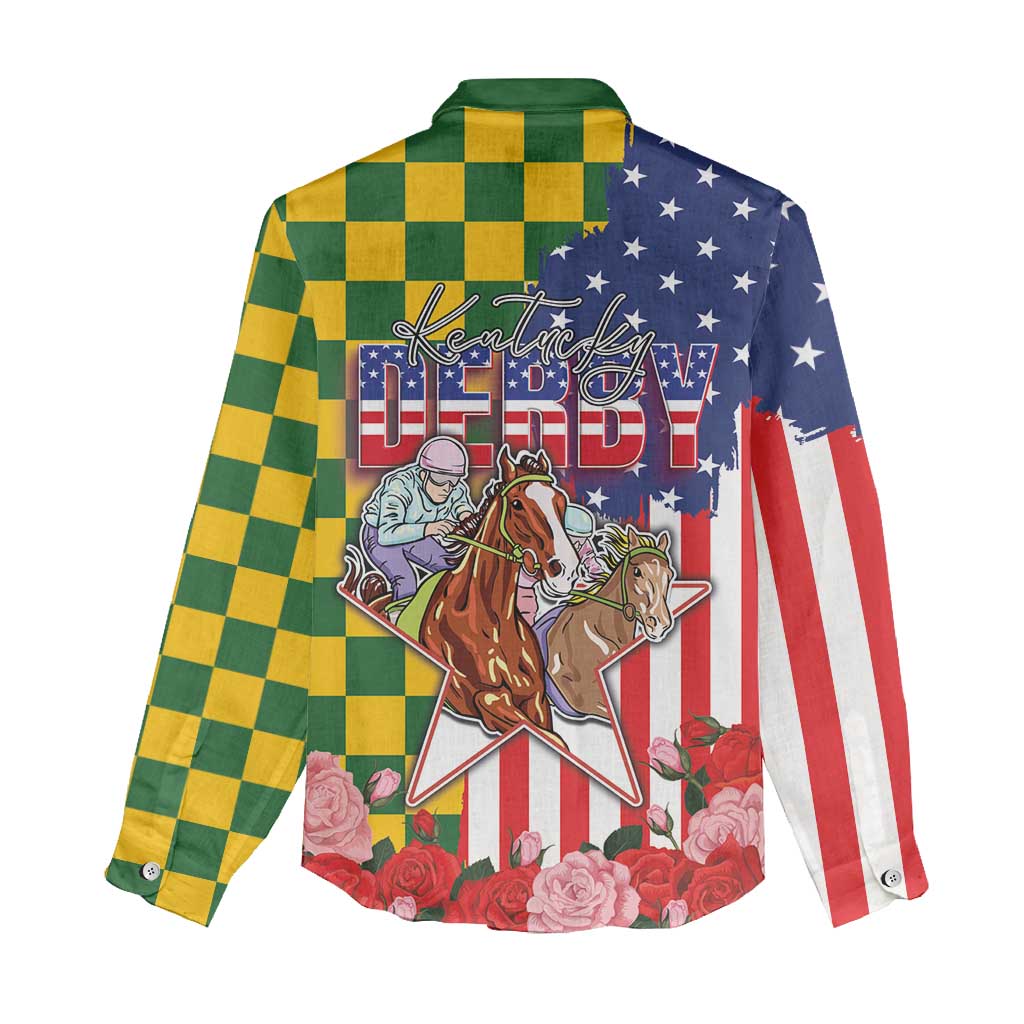 Kentucky Horses Racing Women Casual Shirt US Flag Grunge and Check Pattern Green Color