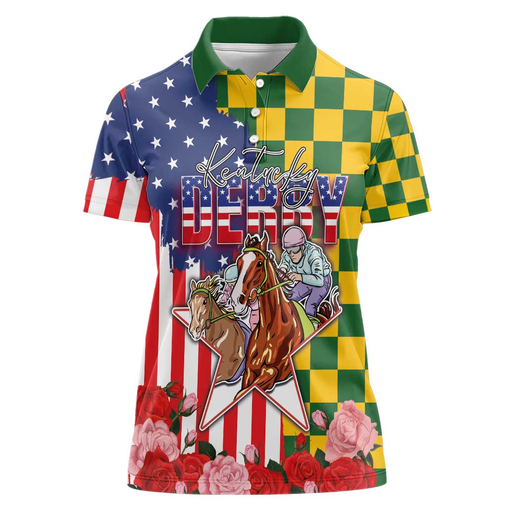 Kentucky Horses Racing Women Polo Shirt US Flag Grunge and Check Pattern Green Color