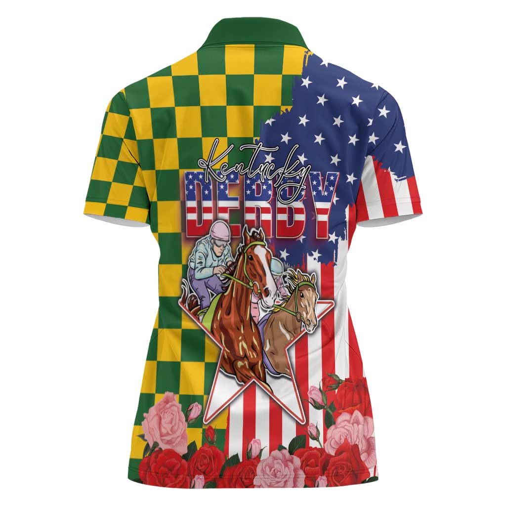 Kentucky Horses Racing Women Polo Shirt US Flag Grunge and Check Pattern Green Color