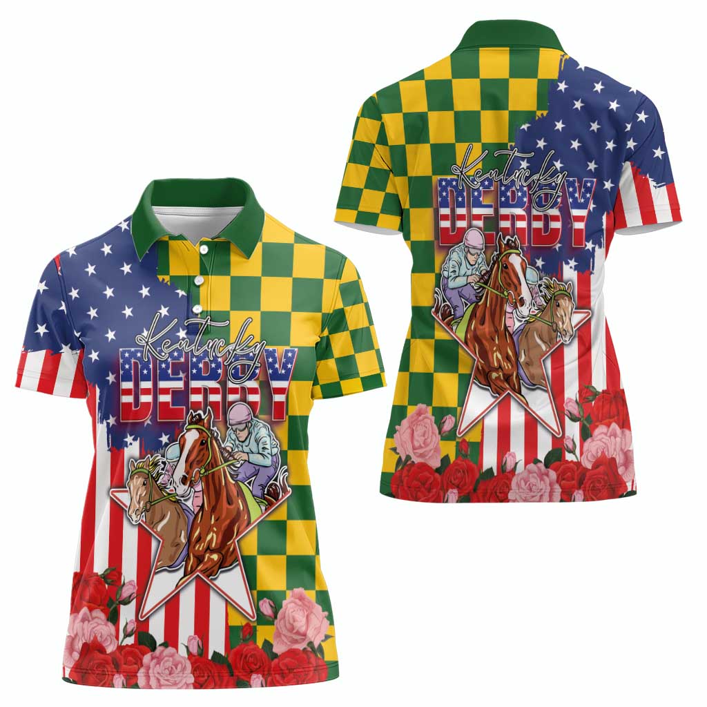 Kentucky Horses Racing Women Polo Shirt US Flag Grunge and Check Pattern Green Color