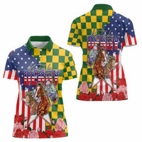 Kentucky Horses Racing Women Polo Shirt US Flag Grunge and Check Pattern Green Color