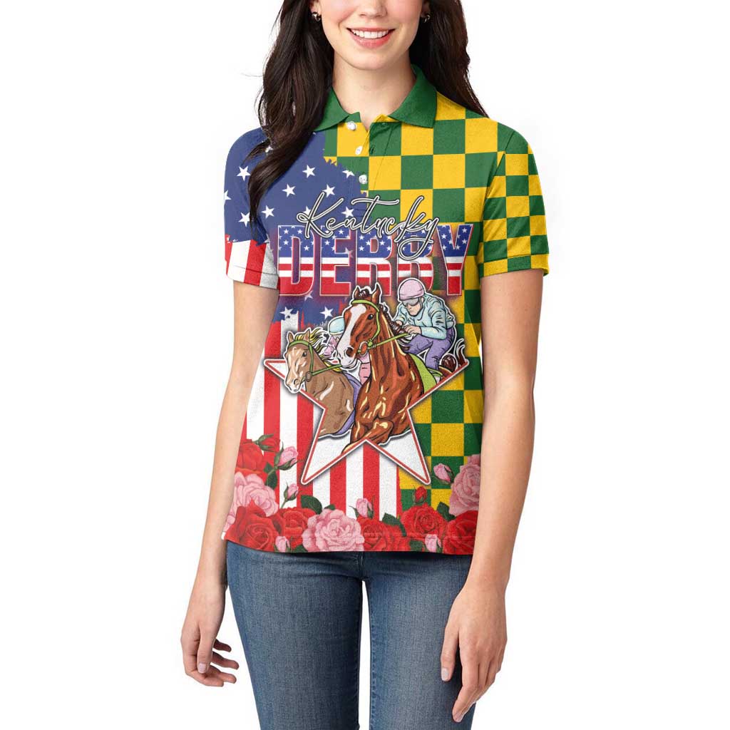 Kentucky Horses Racing Women Polo Shirt US Flag Grunge and Check Pattern Green Color