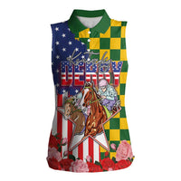 Kentucky Horses Racing Women Sleeveless Polo Shirt US Flag Grunge and Check Pattern Green Color