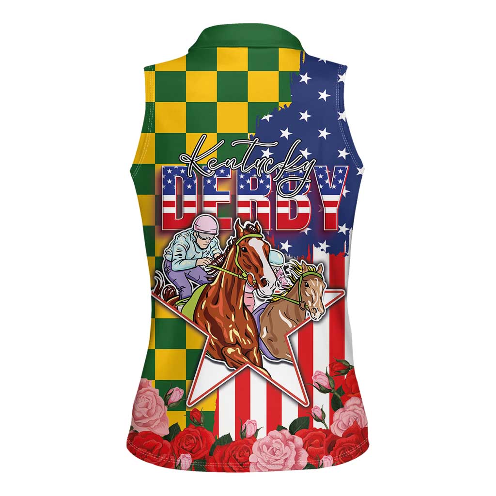 Kentucky Horses Racing Women Sleeveless Polo Shirt US Flag Grunge and Check Pattern Green Color