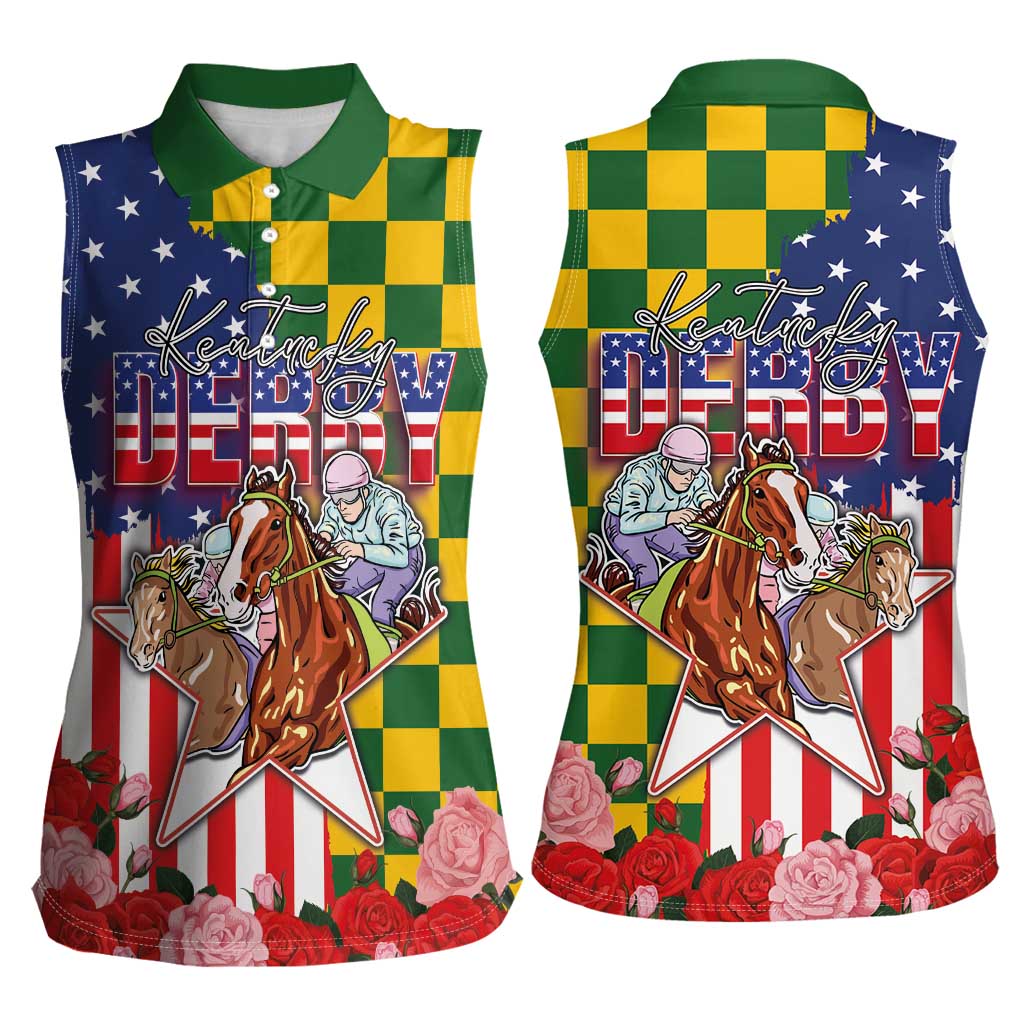 Kentucky Horses Racing Women Sleeveless Polo Shirt US Flag Grunge and Check Pattern Green Color