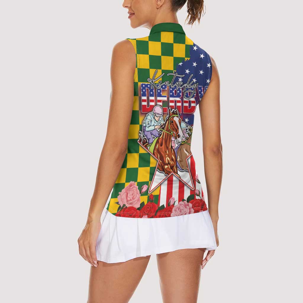 Kentucky Horses Racing Women Sleeveless Polo Shirt US Flag Grunge and Check Pattern Green Color