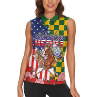 Kentucky Horses Racing Women Sleeveless Polo Shirt US Flag Grunge and Check Pattern Green Color