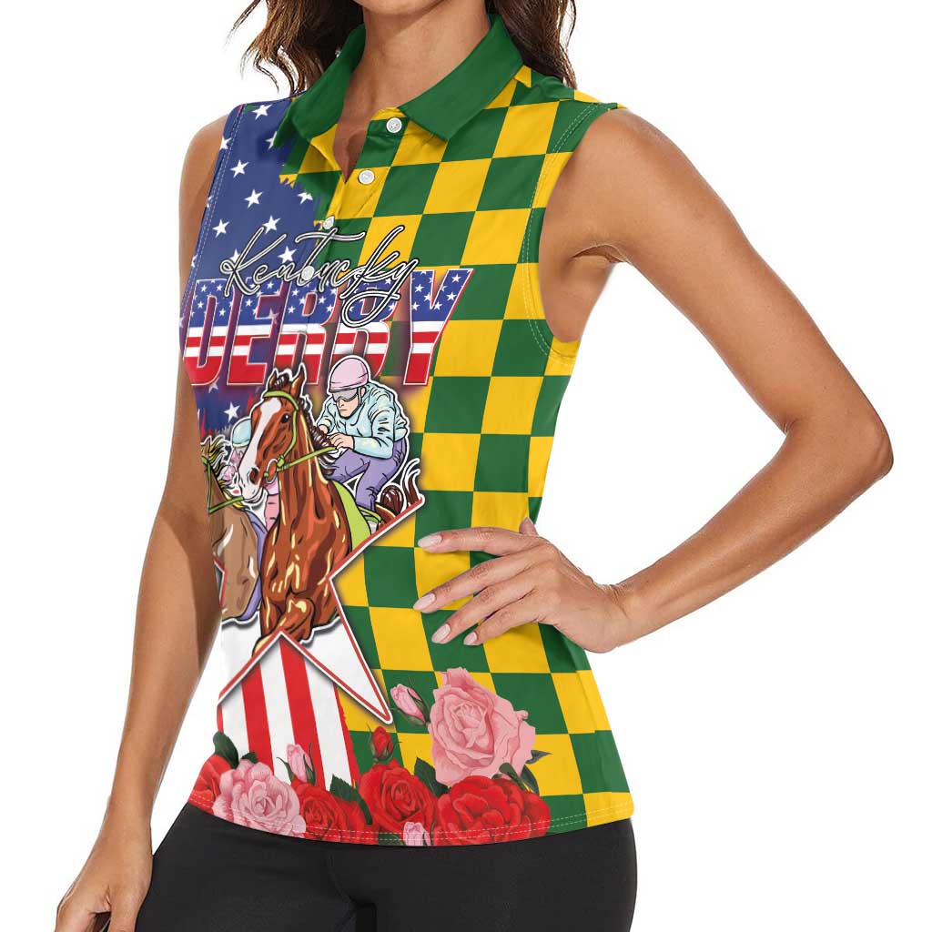 Kentucky Horses Racing Women Sleeveless Polo Shirt US Flag Grunge and Check Pattern Green Color