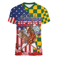 Kentucky Horses Racing Women V-Neck T-Shirt US Flag Grunge and Check Pattern Green Color